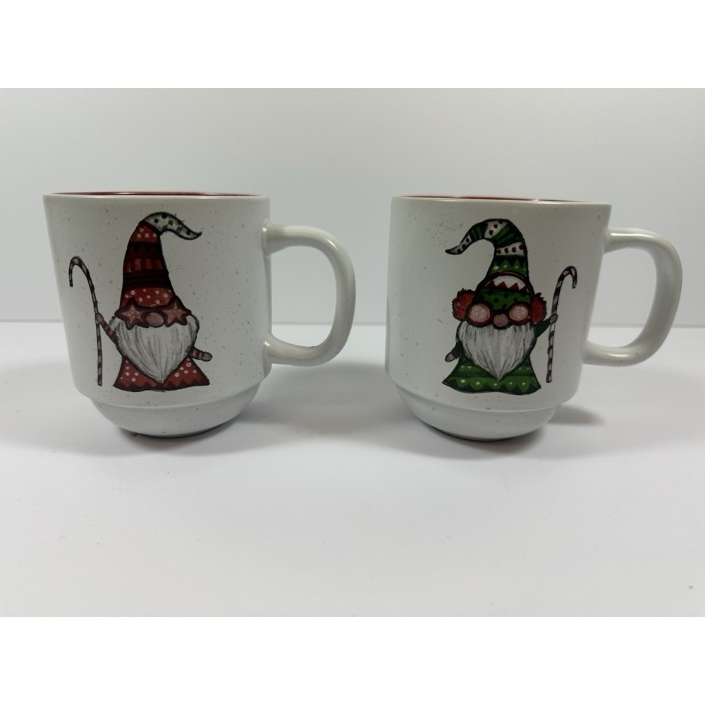 Peppermint & Pine Knome Santa Mugs Red Green Candy Cane Pair/Set Of 2 Christmas